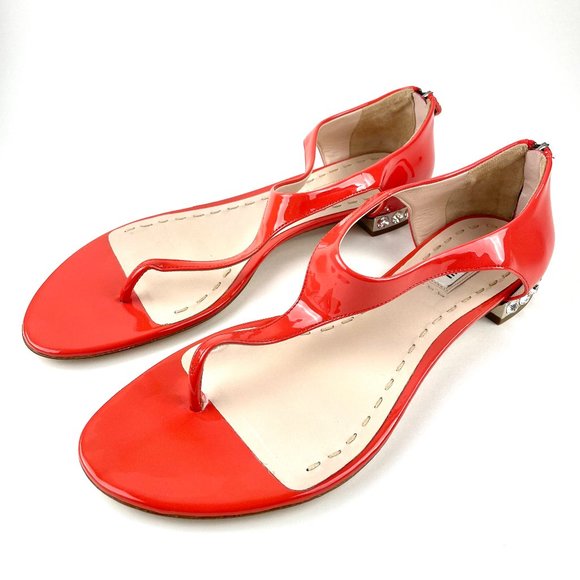 Miu Miu orange patent leather sandals rhinestone embellished metal heel Size 39